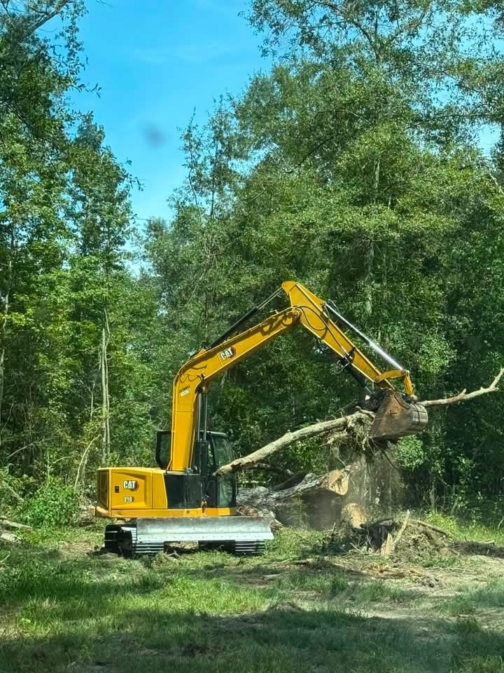 Excavator bucket against a dramatic sky during a land clearing project